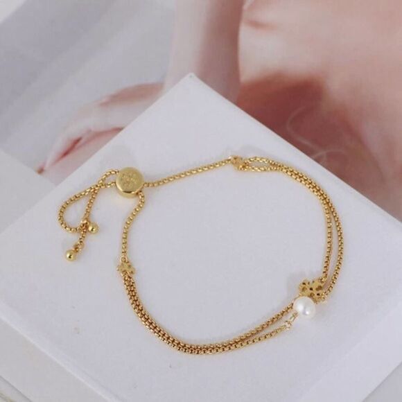 NWOT  Tory Burch Gold Logo & Pearl Adjustable Bracelet - Picture 2 of 10